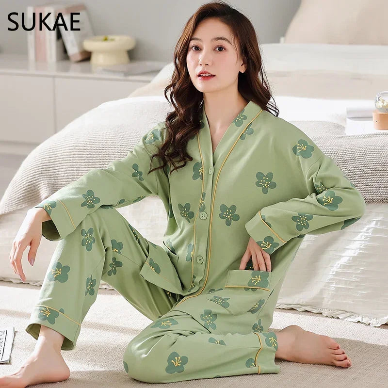 SUKAE New M-5XL Autumn Winter New Cotton Women Pajamas Lady Loungewear Kimono Cardigan Long Sleeves V-neck Homesuit