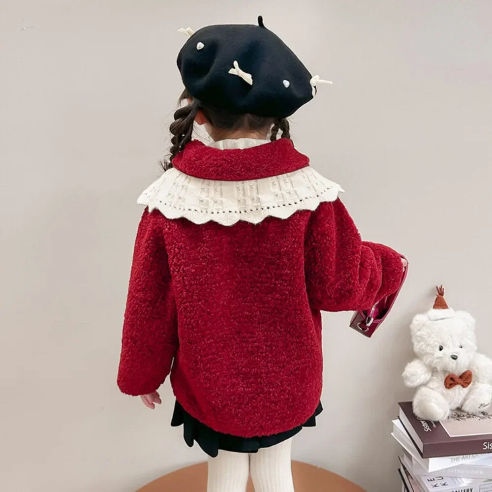 Girls Plus Velvet Thickened Coat Autumn and Winter New Style Little Girl Coat Autumn and Winter Lace Large Lapel Wool Sweater