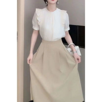 High-end Satin Gentleness Suit Women's Summer New French Stand-up Collar Panel Ruffle Top A-line Skirt Two-piece Set