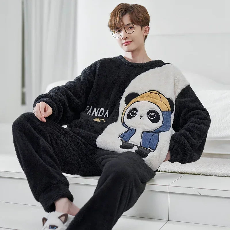 2025 New Winter Plus Size Long Sleeve Thick Warm Flannel Pajama Sets For Men Cute Cartoon Sleepwear Pyjama Homewear Home Clothes