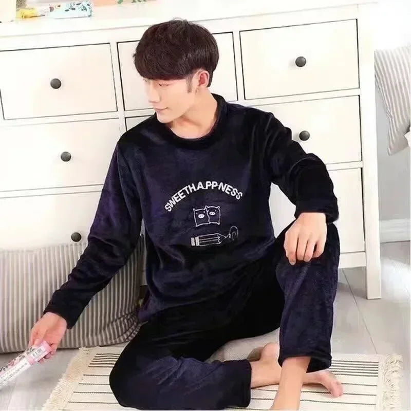 Men Winter Warm Flannel Pajama Sets Long Sleeve Thick Homewear For Men Coral Velvet Cute Cartoon Sleepwear Suit Pyjamas Homewear