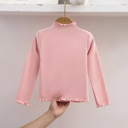 Autumn Winter Fashion Girl Long Sleeve T-Shirt with Ruffle Edges for Kids Soft and Warm Solid Color Children Casual Clothes Tops