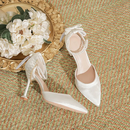 Slimming Shoes Casual Heels Shallow Mouth Sandals Ladies Pointed Pumps Hollow 2025 All-Match Comfortable Beige African Bow Toe