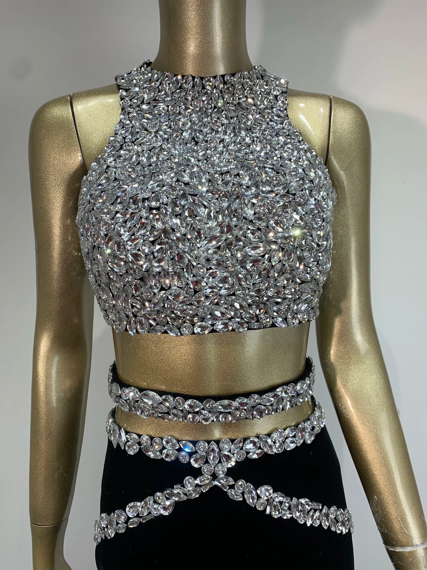 1&Only STOCK Sparkly Rhinestone Two-piece Set Women 2025 Sexy Velvet Singer Nightclub Outfit Celebrate Birthday Elegant Party Dresses