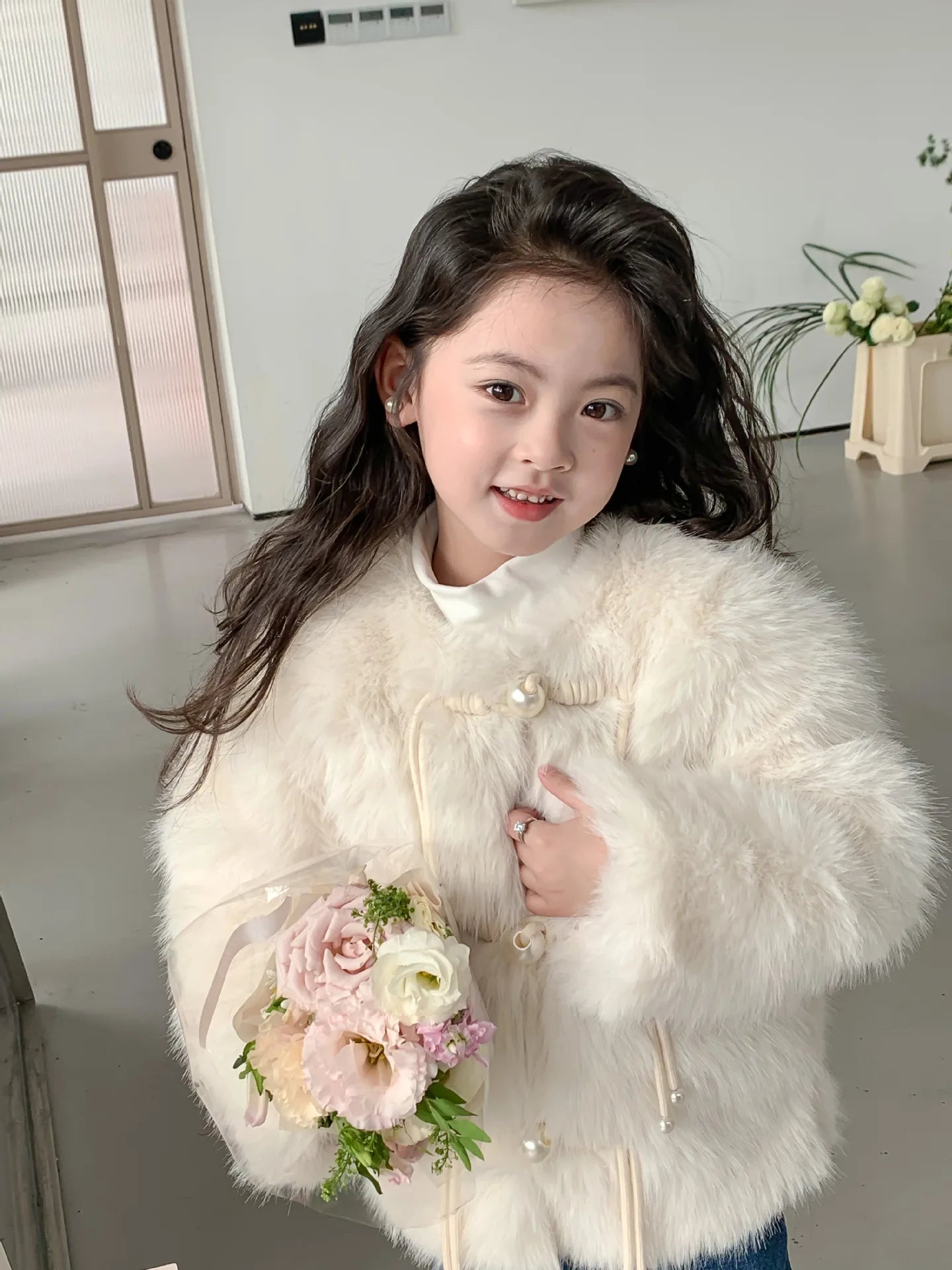 Little Girl Pink Faux Fur Jacket Coat Warm Winter Autumn Thick Fleece Outwear Fashion Kids Plush Outerwear Toddler Child Clothes