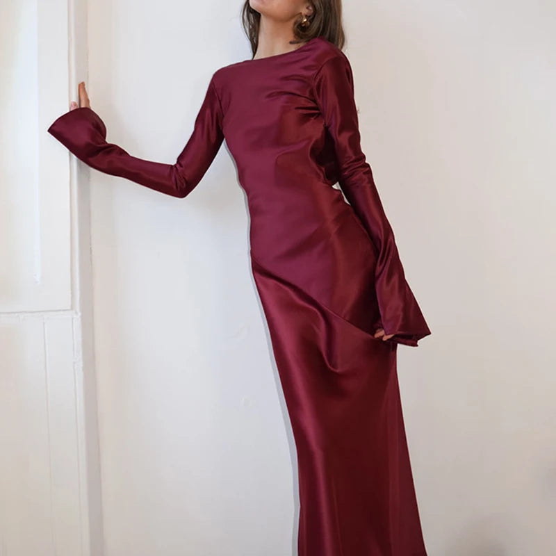 Women Sexy Backless Hollow Solid Long Dress Elegant Slim Long Sleeve Satin Dress Fashion O-neck Side Split Evening Party Dresses