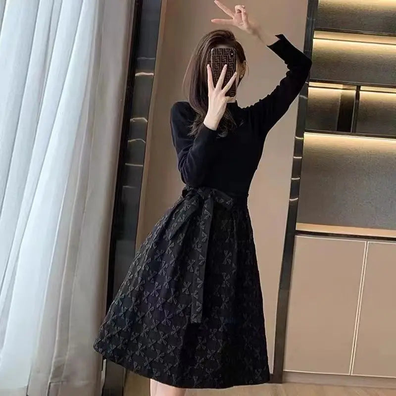 Black Women's Long Sleeve Dresses Birthday Bow Female Dress Clothing Full Vintage Hot Clothes Korean Fashion High Quality Luxury