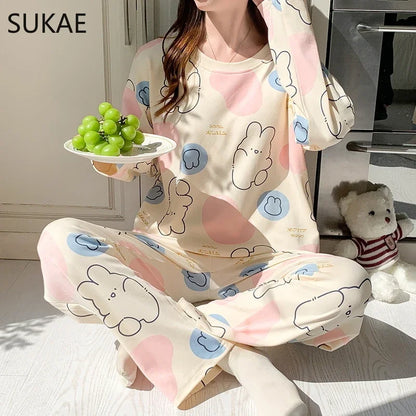 SUKAE Pink Puppy Printing Women Sleepwear Korean New Pajamas Set O-neck Long Sleeve Pijamas Autumn Spring Faux Cotton Nightwear