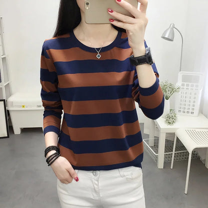 Autumn Loose Pure Cotton Long Sleeve T-shirt Women Clothing Middle-aged Mom Base Shirt Striped Top