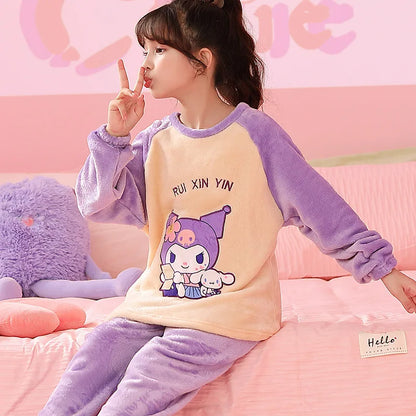 Miniso 2025 Winter Pajamas Sets Children Flannel Warm Sleepwear Kawaii Anime Cartoon Boy Girl Pijama Suit Autumn Kids Loungewear