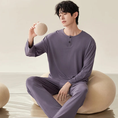 Men Pajamas Solid Color Casual Long Sleeves Long Pants Autumn Winter Simple Sleepwear Cozy Pijamas Soft Pyjamas Boys Nighty Male