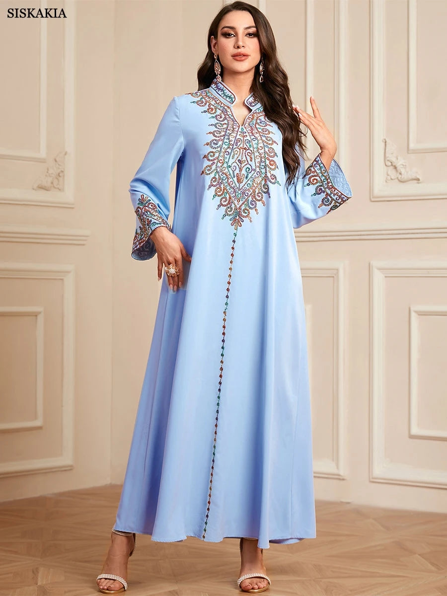 Siskakia Embroidery V-Neck Long Dress Dubai Arab Abaya For Muslim Woman Loose Moroccan Saudi Ethnic Jalabiya