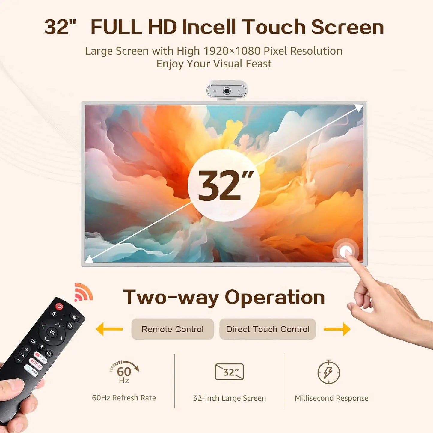 32 Portable TV screen 1080P Touch Screen Monitor on Wheels, Android OS 13 Built-in Battery, Detachable Camera HDMI