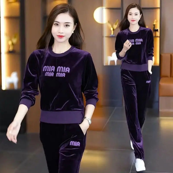 Women's Golden Velvet Sportswear Suit Autumn New Fashion And Casual Round Neck Embroidered Tops Pants 2 Two Piece Set For Women