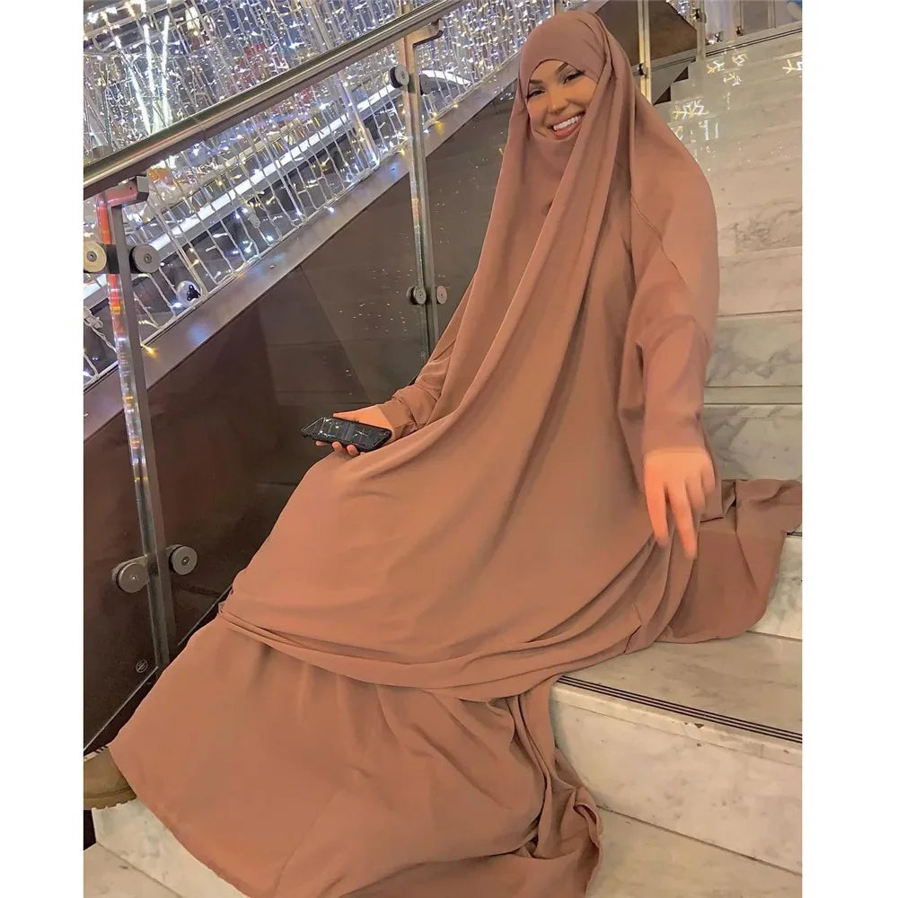 Muslim Sets Two Pieces Eid Hooded Long Sleeve Hijab Prayer Clothing Maxi Skirts Elastic Waist Women Dresses Abaya Ramadan Robes