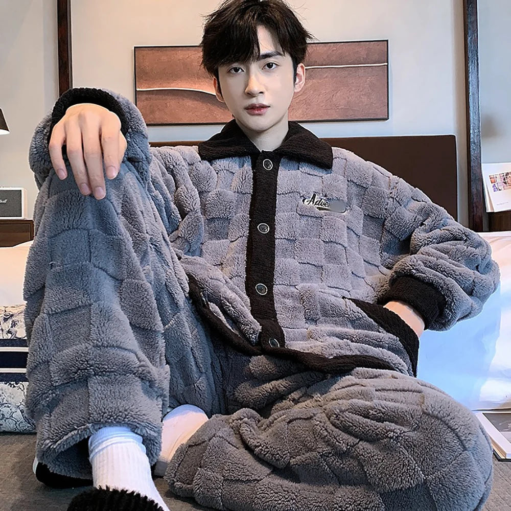 Antistatic Coral Fleece Men's Winter Pajamas Set Thicken Flannel Warm Sleepwear Big Size 3XL Zipper Soft Pajama Men pyjama homme