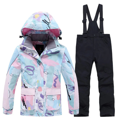 Fashion Printed Skiing Jacket + Bib Pants Snowsuits 2-Piece Boys Girls Hooded Winter Warm Windproof Snowboarding Wear