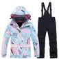 Fashion Printed Skiing Jacket + Bib Pants Snowsuits 2-Piece Boys Girls Hooded Winter Warm Windproof Snowboarding Wear