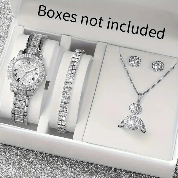 6PCS Luxury fashion alloy full diamond Roman quartz watch with double row diamond bracelet necklace Ring earrings gift set