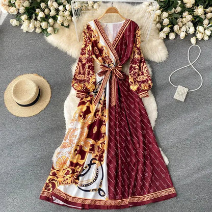 ZCWXM Spring Bohemian Women Maxi Dresses A-LINE Puff Sleeve V-Neck Long Rebe Female Fashion Evening Ankle-Length Dresses