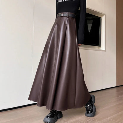 Ankle Length Faux Leather Skirt for Women Autumn Winter Elegant Belt A Line High Waist Long Maxi PU Skirt Female Z380