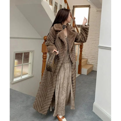 Winter Brown Embossing Wave Strip Pattern Faux Mink Fur Coat CHIC Women Bow Sashes Full Sleeve Loose Warm X-Long Outerwear