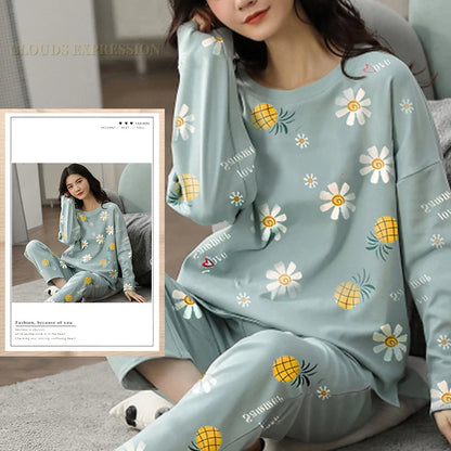 Spring Autumn Size 5XL Women Polyester Pajamas Dots Sleepwear Long-sleeved Homewear Sets Womens Cartoon Nightwear Casual Pijamas