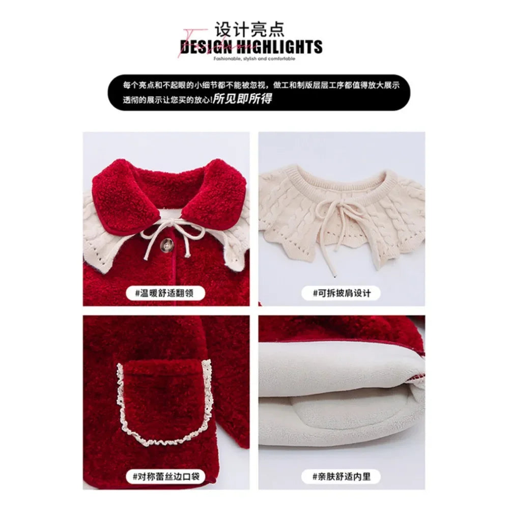 Girls Plus Velvet Thickened Coat Autumn and Winter New Style Little Girl Coat Autumn and Winter Lace Large Lapel Wool Sweater