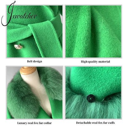 Women's Cashmere Wool Coat Spring Real Fox Fur Collar Woolen Trench Jacket Winter Adjustable Waist Slim Ladies Long Overcoat