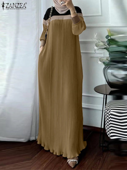 Fashion Autumn Long Sleeve Pleated Sundress 2024 ZANZEA Muslim Abaya Robe Femme Women Patchwork Maxi Dresses Casual Vestidos