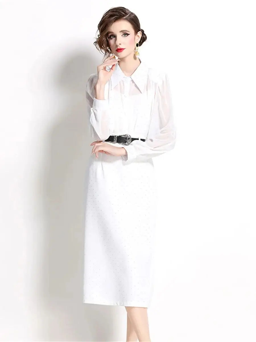 Quality Autumn White Rhinestone Two Piece Set Women Loose Chiffon Shirt Blouse Shinny Bodycon Pencil Maxi Skirt Suit 2pcs Outfit