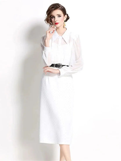 Quality Autumn White Rhinestone Two Piece Set Women Loose Chiffon Shirt Blouse Shinny Bodycon Pencil Maxi Skirt Suit 2pcs Outfit