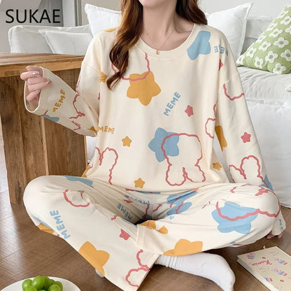 SUKAE Pink Puppy Printing Women Sleepwear Korean New Pajamas Set O-neck Long Sleeve Pijamas Autumn Spring Faux Cotton Nightwear