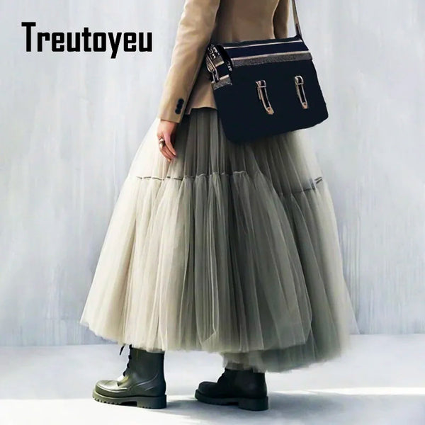 Maxi Long Tulle Skirts for Women Black Gothic Pleated Skirt Casual Party Fairycore Summer Winter Jupe Longue Falda Mujer