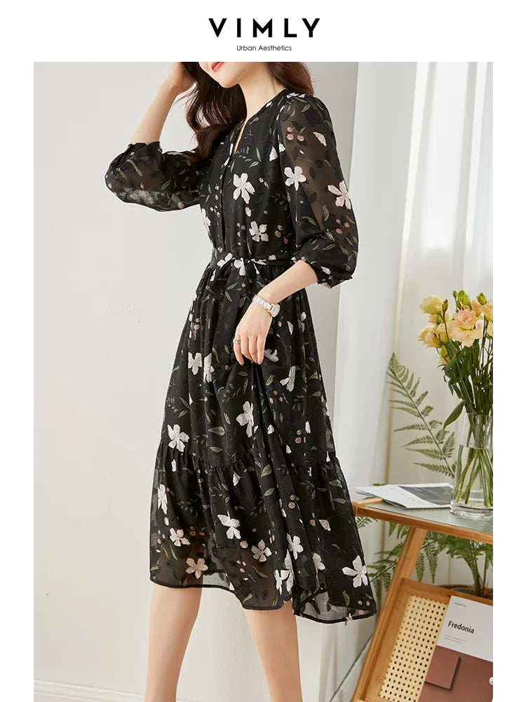 Vimly Chiffon Floral Dress for Women Spring Vacation Outfit Elegant Vintage Long Sleeve Tie Belt Swing Midi Tiered Dresses