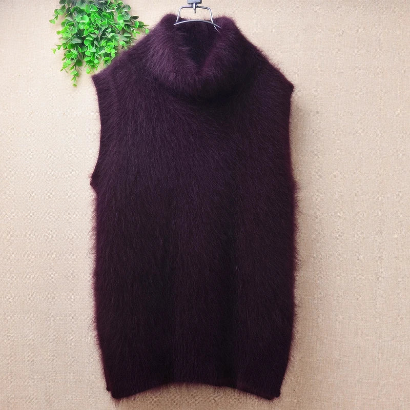 Ladies Women Fall Winter Clothing Hairy Angora Rabbit Hair Knitted Sleeveless Turtleneck Slim Blouses Vest Mink Fur Sweater