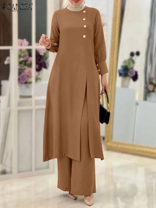 Abaya Matching Sets Fashion Long Shirt Tops & Wide Leg Pants Ramadan Outfits Tracksuits