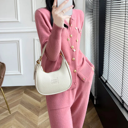 Fashion Two-piece Suit 100% Cashmere Suit Women's Round Neck Cardigan Casual Pants Autumn/Winter New Solid color Female Set