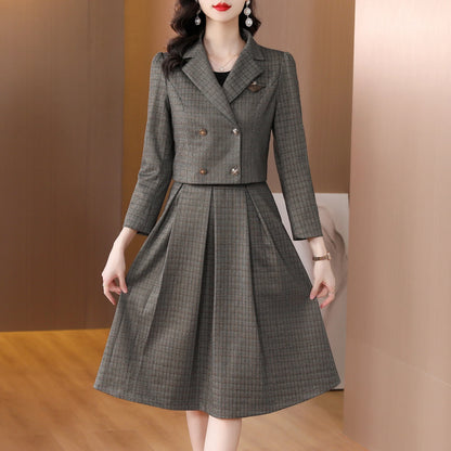 Autumn Female Two Piece Woolen Suit Jacket Set Winter Casual Print Evening Vintage Prom Women Elegant Bodycon Party Vestido