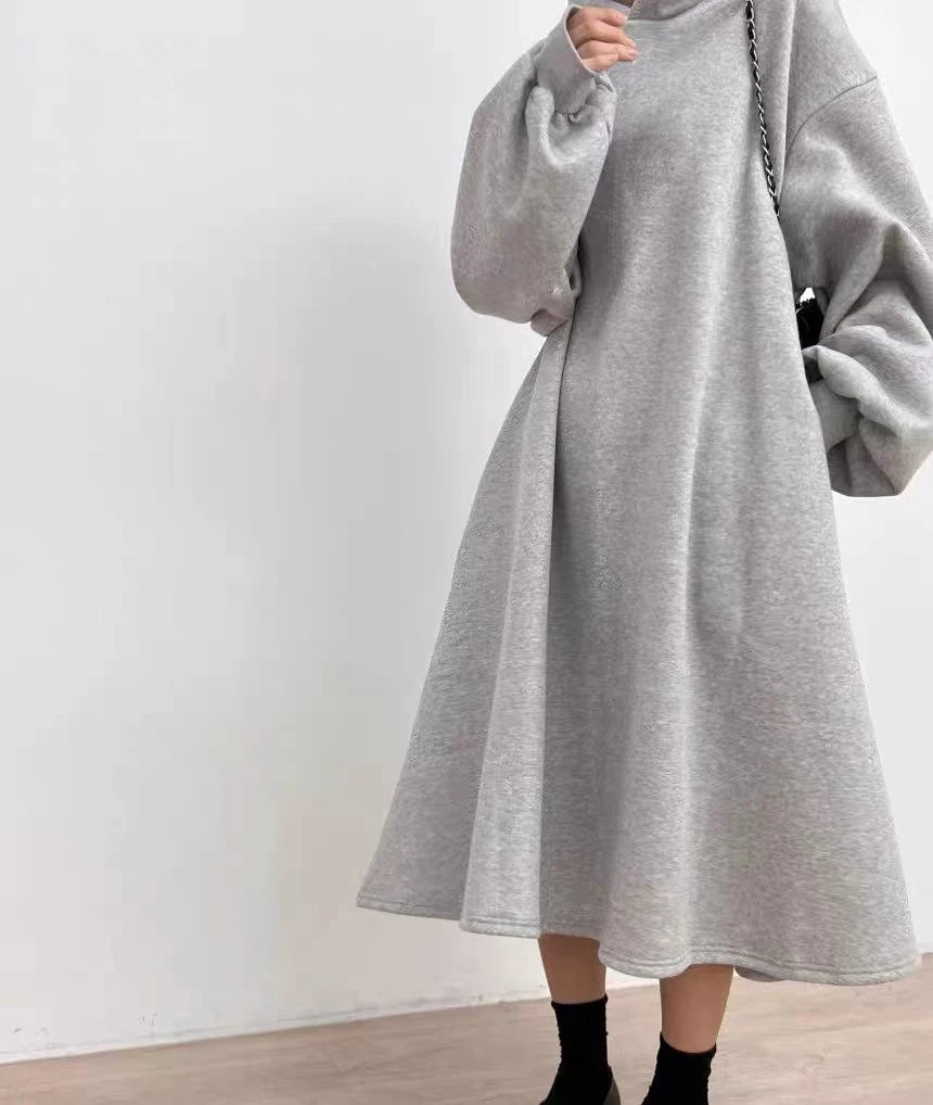 Korean split hoodet for women, gray dress, simple laser style, drawn string hoods, long arm length, autumn and winter