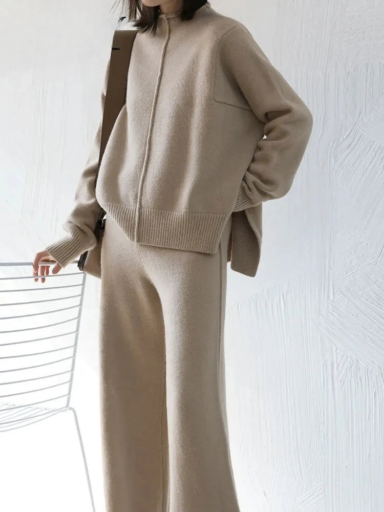 Autumn And Winter Fashion Knit Suit New Elegant Temperament Split Sweater Wide Leg Pants Women's Two-Piece Set