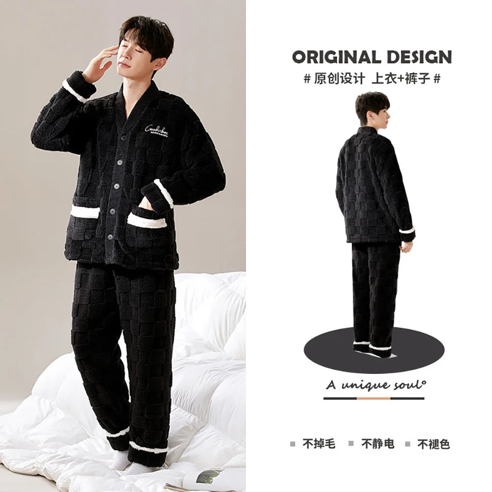 Antistatic Coral Fleece Men's Winter Pajamas Set Thicken Flannel Warm Sleepwear Big Size 3XL Zipper Soft Pajama Men pyjama homme