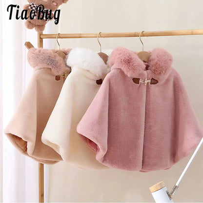 Toddler Baby Girls Cute Carseat Poncho Faux Fur Hooded Cape Cloak Thicken Fleece Jacket Coat Winter Outerwear Little Girls Coat