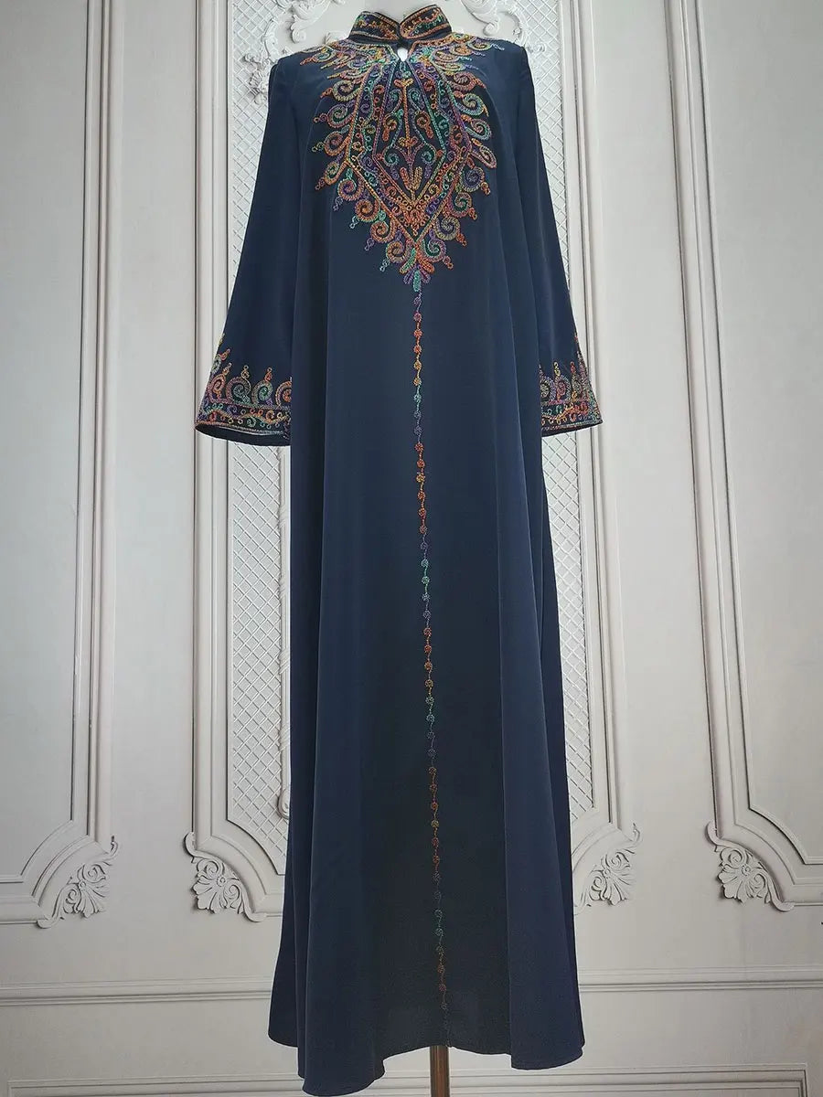 Siskakia Embroidery V-Neck Long Dress Dubai Arab Abaya For Muslim Woman Loose Moroccan Saudi Ethnic Jalabiya