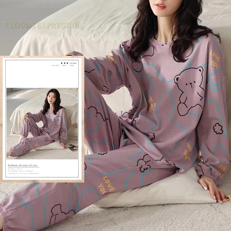 Spring Autumn Size 5XL Women Polyester Pajamas Dots Sleepwear Long-sleeved Homewear Sets Womens Cartoon Nightwear Casual Pijamas