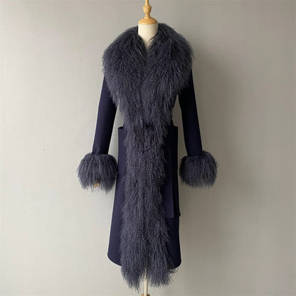 Women Mongolian Sheep Fur Coat Long Style Cashmere Jacket With Real Fur Trim Lady Autumn Winter Fashion Warm Outerwear