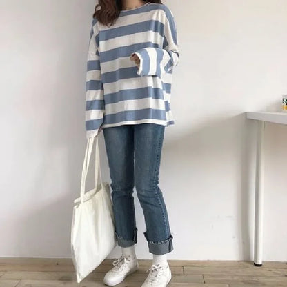 Autumn New Women's Striped Long Sleeve T-shirt Loose Fit Versatile Korean Style Top Students Trade Women's