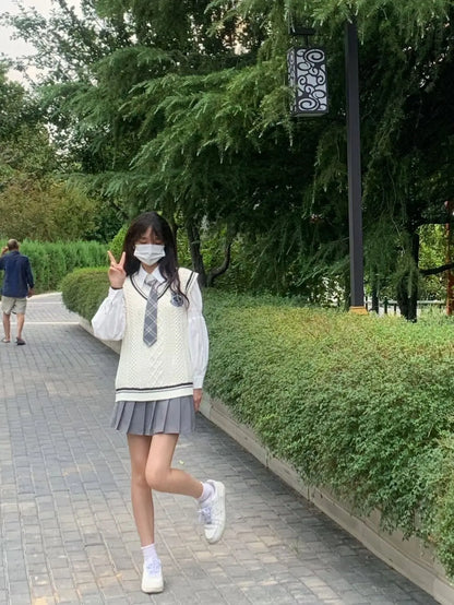 Japanese Cute School Uniform Women Korean Winter Knitting Sweater Skirt Sets V-neck Long Sleeve Jk Uniform School Girl Cosplay