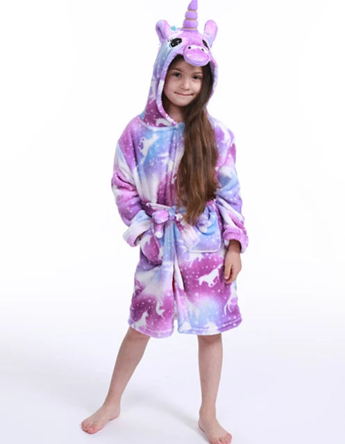 3-12Years Winter Autumn Children's Sleepwear Unicorn Cartoon Bath Robe for Adult Boys Girls Pijamas Hooded Kids Bathrobes