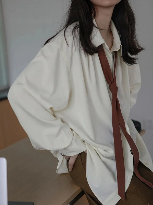 Autumn Minimalist Long Sleeve Button Up Shirt Women Korean Style Solid Tie Oversize Shirts Blouse Loose Clothes Autumn Tops